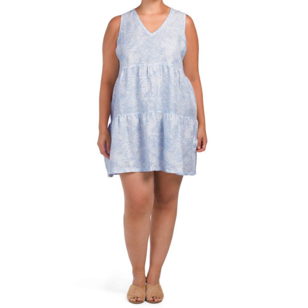 NWT Tahari Women's Plus Linen Floral Print Sleeveless Tiered Summer Mini Dress